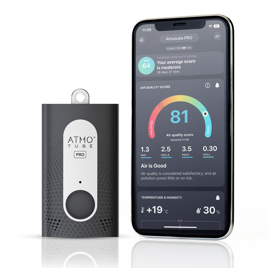 Atmotube PRO portable air quality monitor, a small dark handheld device with a clip