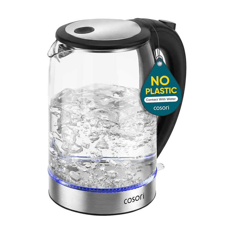 COSORI 1.7 liter borosilicate glass electric kettle with stainless base
