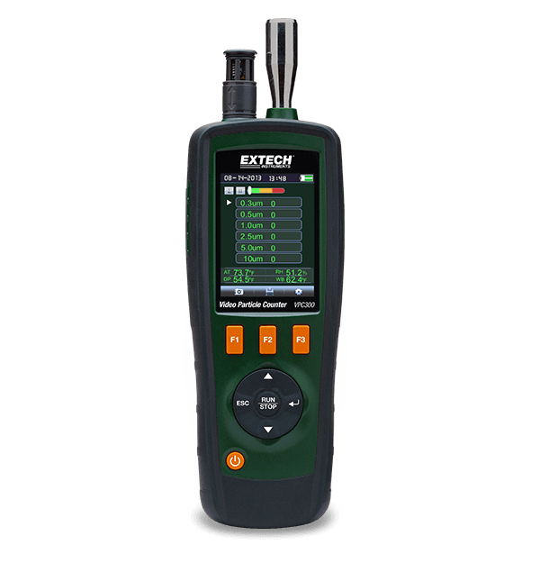 Extech VPC300 handheld video particle counter, showing its six particle-size channels on the colour display