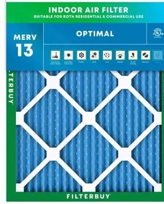 Filterbuy MERV 13 pleated furnace filter, blue pleated media in a green cardboard frame