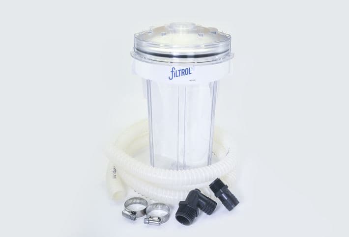 Filtrol 160 washing machine filter canister with discharge hose and fittings