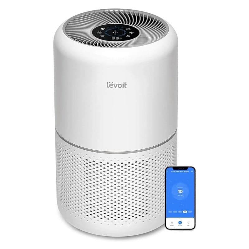 LEVOIT Core 300S-P smart air purifier, white cylindrical tower, front view