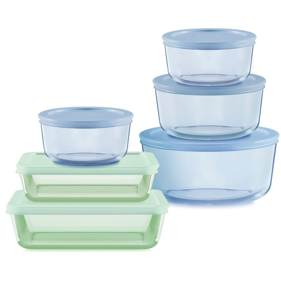Pyrex Simply Store tinted 12-piece glass food storage set — four blue round containers and two green rectangles with matching lids