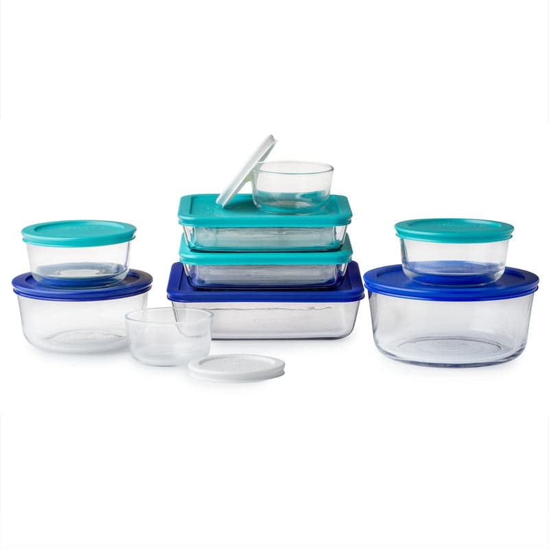 Pyrex Simply Store 18-piece glass food storage set with blue and teal lids