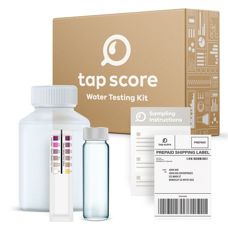 Tap Score Advanced Home Water Test kit with sample bottles, test strips, and prepaid shipping label